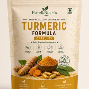 May include: A beige pouch of HerbelleNaturals Turmeric Formula botanical capsules. The label features text, icons for immunity, joint, digestive, and wellness support, a wooden bowl of turmeric powder, fresh turmeric roots, and golden capsules.