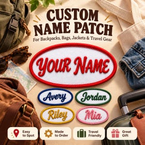 Puede incluir: Un parche de nombre ovalado con centro blanco y borde rojo, que presenta el texto 'YOUR NAME' en letra roja. Debajo se muestran cuatro parches ovalados m&aacute;s peque&ntilde;os con los nombres 'Avery', 'Jordan', 'Riley' y 'Mia' en varios colores.