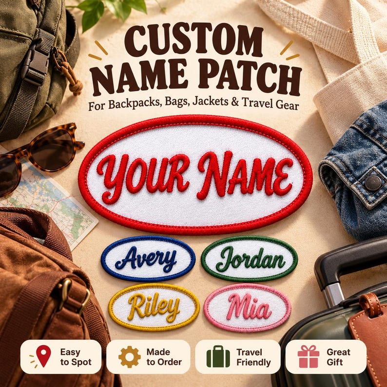 Puede incluir: Un parche de nombre ovalado con centro blanco y borde rojo, que presenta el texto 'YOUR NAME' en letra roja. Debajo se muestran cuatro parches ovalados m&aacute;s peque&ntilde;os con los nombres 'Avery', 'Jordan', 'Riley' y 'Mia' en varios colores.