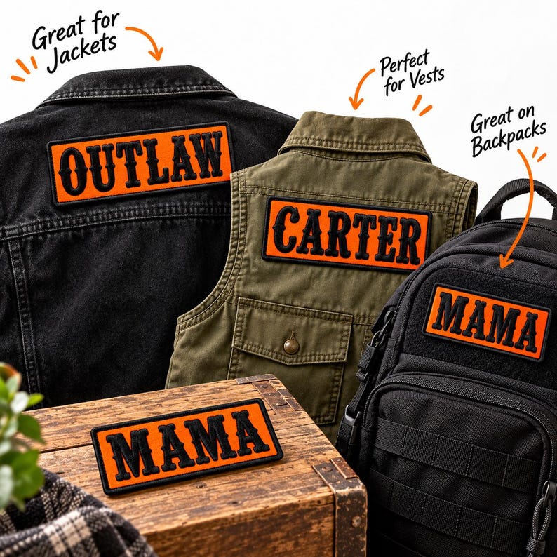 May include: Rectangular patches with black text on an orange background. One patch reads OUTLAW on a black denim jacket, one reads CARTER on an olive vest, and two read MAMA, one on a black backpack and one on a wooden surface.