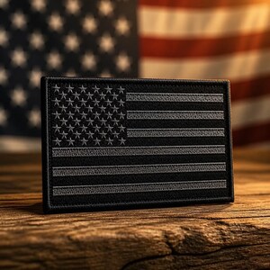 May include: A rectangular embroidered patch featuring a monochromatic black and dark grey American flag design. The patch displays a field of stars on the left and horizontal stripes on the right, all rendered in a subtle, low-contrast thread.