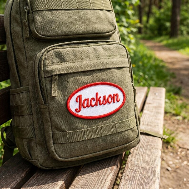 Puede incluir: Una mochila de lona color verde oliva con un bolsillo frontal grande con cremallera y un compartimento superior m&aacute;s peque&ntilde;o. Un parche ovalado blanco con borde rojo est&aacute; centrado en el bolsillo frontal, mostrando el nombre Jackson en rojo.