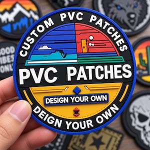May include: A circular PVC patch featuring a blue border and black background. The text reads CUSTOM PVC PATCHES, PVC PATCHES, DESIGN YOUR OWN, and DEIGN YOUR OWN. The center displays a split landscape graphic in blue, red, and green.