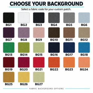 May include: A grid of twenty-seven fabric swatches in various colors, each labeled with a unique code from BG1 to BG27. The header reads CHOOSE YOUR BACKGROUND and the footer reads FABRIC BACKGROUND OPTIONS. The swatches are arranged in rows.
