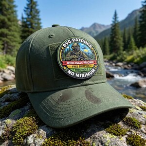 May include: An olive green baseball cap featuring a circular PVC patch on the front. The patch displays a soldier in tactical gear, a helicopter, and text reading PVC PATCHES, WHOLESALE PRICING, FREE SHIPPING, FREE MOLD, and NO MINIMUM.