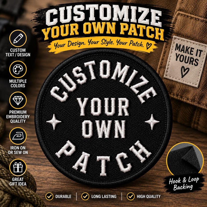 K&ouml;nnte beinhalten: Ein kreisf&ouml;rmiger, schwarzer, bestickter Aufn&auml;her mit dem wei&szlig;en Text CUSTOMIZE YOUR OWN PATCH und zwei kleinen vierzackigen Sternen. Der Aufn&auml;her hat einen gestickten Rand und eine Klettverschluss-R&uuml;ckseite. Das Bild enth&auml;lt Text&uuml;berlagerungen zu den Optionen.
