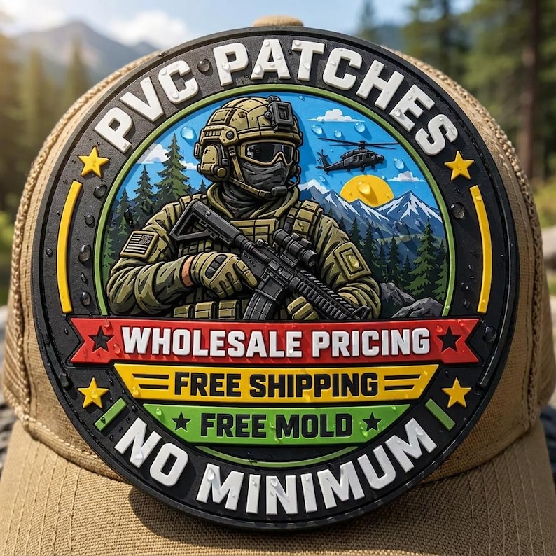 May include: A circular PVC patch on a tan baseball cap featuring a soldier in tactical gear holding a rifle, with a helicopter and mountains in the background. Text includes PVC PATCHES, WHOLESALE PRICING, FREE SHIPPING, FREE MOLD, and NO MINIMUM.