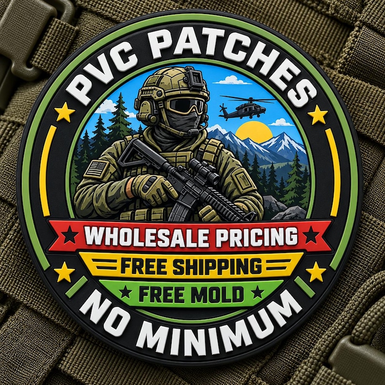 May include: A circular PVC patch featuring a soldier in tactical gear holding a rifle. The design includes a helicopter, mountains, and a sun. Text reads: PVC PATCHES, WHOLESALE PRICING, FREE SHIPPING, FREE MOLD, and NO MINIMUM.