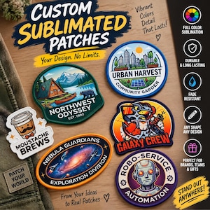 May include: A collection of six custom sublimated patches featuring various designs including a mountain cabin, an urban garden, a coffee cup, a galaxy, a space crew, and a robot. The patches display text such as Northwest Odyssey, Urban Harvest, Moustache Brews, Nebula Guardians, Galaxy Crew, and Robo-Service Automation.