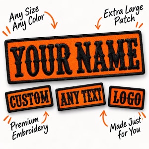 May include: Four rectangular embroidered patches with orange backgrounds and black borders. The largest patch features the text YOUR NAME in black, while three smaller patches display the words CUSTOM, ANY TEXT, and LOGO in black.
