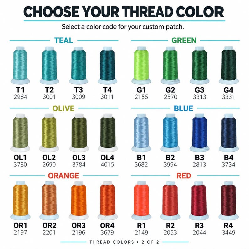 May include: A color chart titled CHOOSE YOUR THREAD COLOR displaying twenty-four spools of embroidery thread arranged in six rows of four. Each spool is labeled with a unique alphanumeric code and a four-digit number for custom patch selection.