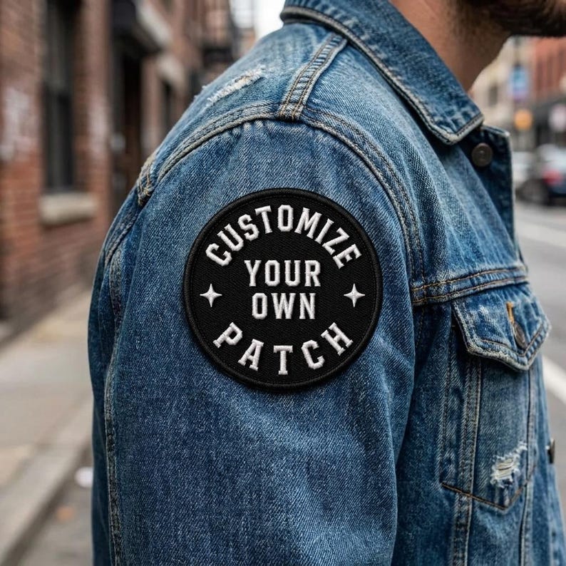 K&ouml;nnte beinhalten: Ein runder, schwarzer, bestickter Aufn&auml;her mit wei&szlig;em Text CUSTOMIZE YOUR OWN PATCH und zwei kleinen vierzackigen Sternsymbolen, der auf dem Schulterbereich einer blauen Jeansjacke mit sichtbaren N&auml;hten und Metallkn&ouml;pfen angebracht ist.
