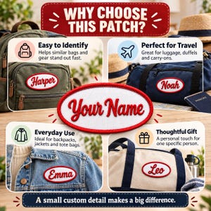 Puede incluir: Un parche de nombre personalizado de forma ovalada con centro blanco, borde bordado en rojo y texto rojo en cursiva. La imagen muestra el parche aplicado en varios bolsos y chaquetas, con nombres como Harper, Noah, Emma y Leo, y el texto Your Name.