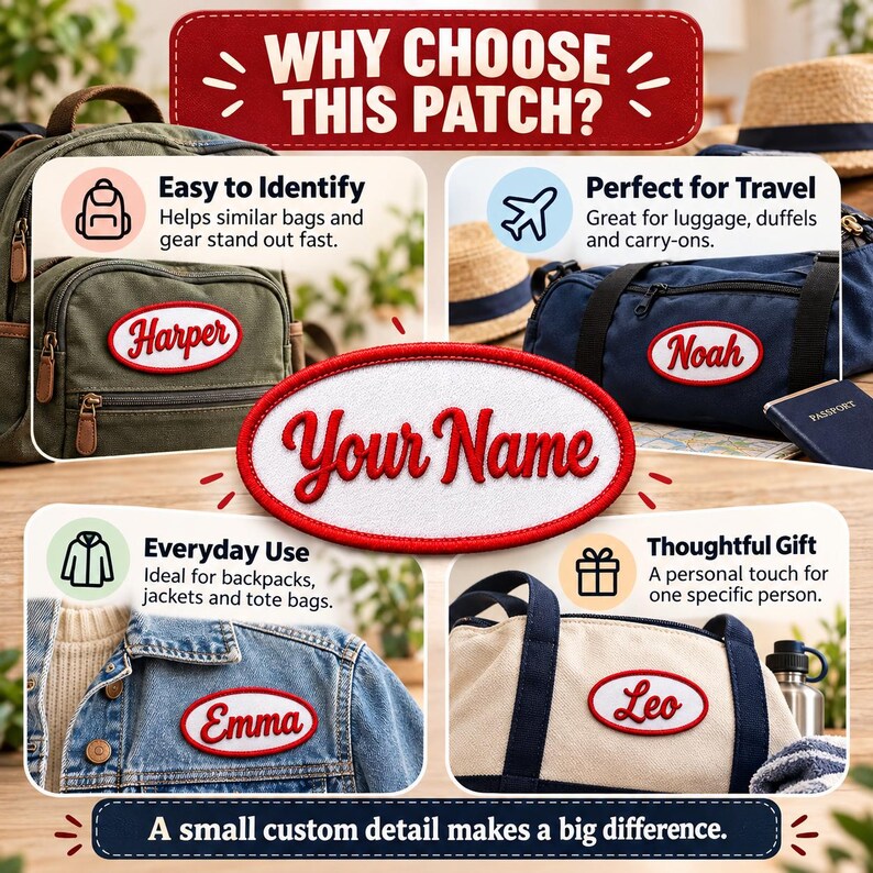 Puede incluir: Un parche de nombre personalizado de forma ovalada con centro blanco, borde bordado en rojo y texto rojo en cursiva. La imagen muestra el parche aplicado en varios bolsos y chaquetas, con nombres como Harper, Noah, Emma y Leo, y el texto Your Name.
