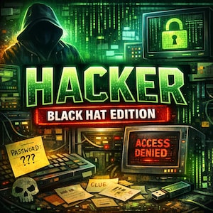 Puede incluir: Ilustración digital con una figura encapuchada y la palabra "HACKER" en verde, con "BLACK HAT EDITION" debajo. Las pantallas de ordenador muestran un icono de candado y "ACCESO DENEGADO". También se ven una calavera, una nota adhesiva con "PASSWORD: ???" y una unidad USB.