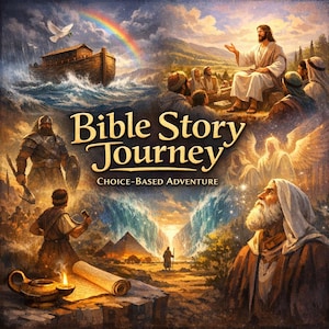 Op de afbeelding: Geïllustreerde afbeelding met de tekst "Bible Story Journey: Choice-Based Adventure". De afbeelding toont scènes uit de Bijbel, waaronder de ark van Noach, Jezus die lesgeeft en Mozes die de Rode Zee splitst. Een regenboog overspant de hemel.