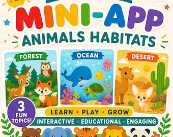 Mini‑app Dieren en habitats | Bos Oceaan Woestijn | Voorschools leren | Digitale download