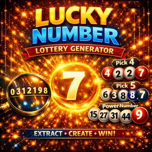 Könnte beinhalten: Eine digitale Grafik mit dem Titel LUCKY NUMBER LOTTERY GENERATOR, die eine große goldene 7, eine Lupe mit der Anzeige 0312198 und Reihen nummerierter Lotteriekugeln mit der Beschriftung Pick 4, Pick 5 und Power Number vor goldenem Hintergrund zeigt.