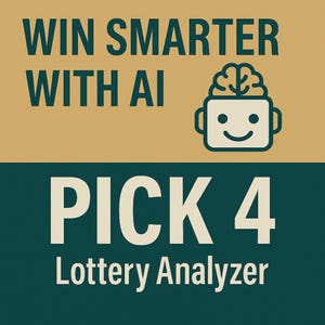 Puede incluir: Imagen con el texto "WIN SMARTER WITH AI" encima de "PICK 4 Lottery Analyzer". Una cabeza de robot sonriente con un cerebro gráfico está en la esquina superior derecha. El fondo está dividido entre beige y verde azulado.