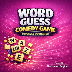 Może przedstawiać: Cyfrowy obraz promujący "Word Guess Comedy Game". Tytuł jest pogrubionymi białymi literami na fioletowym i złotym tle. Rozrzucone kafelki literowe wymawiają "WAZ LOL E". Obecny jest również tekst "Interactive AI Word Challenge".