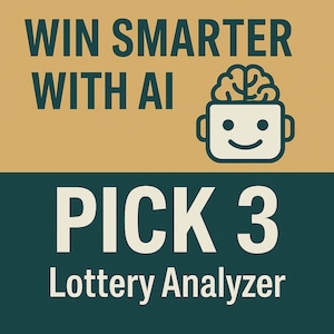 Può includere: Immagine con il testo "WIN SMARTER WITH AI" sopra "PICK 3 Lottery Analyzer". Una testa di robot dei cartoni animati con un cervello all'interno è a destra del testo. Lo sfondo è beige e verde scuro.