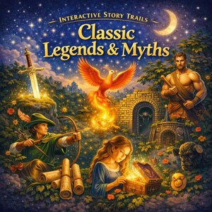 May include: Digital illustration of "Classic Legends & Myths" with a night sky background. Features a phoenix, archer, muscular man, and a woman opening a treasure chest. The image includes a sword, scrolls, and a crescent moon.