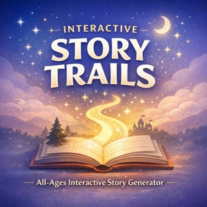 May include: An illustration of an open book with a glowing path leading from it, under a starry night sky. The text "INTERACTIVE STORY TRAILS" is displayed above the book, with "All-Ages Interactive Story Generator" below.
