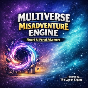Może przedstawiać: Grafika cyfrowa o tematyce kosmicznej. Tytuł "MULTIVERSE MISADVENTURE ENGINE" jest pogrubiony w kolorze białym i żółtym. Poniżej napisano "Absurd AI Portal Adventure". Wirujący portal i gwiezdne tło dopełniają projekt. Powered by The Lumen Engine.