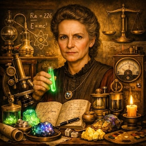 Może przedstawiać: Ilustracja kobiety w fartuchu laboratoryjnym trzymającej świecącą zieloną fiolkę. Obraz przedstawia sprzęt naukowy, w tym mikroskop, wagę i tablicę z równaniami. Na stole znajdują się różne kolorowe minerały i zapalona świeca.