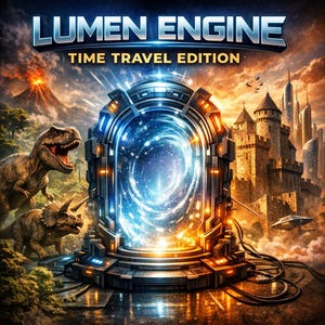 Może przedstawiać: Cyfrowa grafika przedstawiająca portal podróży w czasie z napisem "LUMEN ENGINE TIME TRAVEL EDITION". Portal ma wirującą niebiesko-białą energię. W tle dinozaury, zamek, wulkan i miasto. Statek kosmiczny leci.
