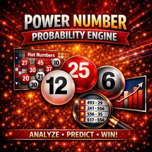 May include: A digital graphic titled POWER NUMBER PROBABILITY ENGINE with the text ANALYZE • PREDICT • WIN! It features lottery balls numbered 12, 25, and 6, a grid labeled Hot Numbers with various digits, and a magnifying glass showing numerical data.