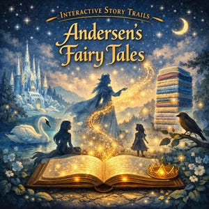 May include: The cover of "Andersen's Fairy Tales" displays a fairytale scene with a castle, swan, and figures. The title is in gold script, with a crown and open book in the foreground. The background is a starry night.
