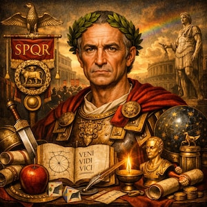 Może przedstawiać: Szczegółowa ilustracja rzymskiego cesarza, ozdobionego wieńcem laurowym i czerwonym płaszczem. Obraz zawiera transparent z napisem "SPQR", globus, popiersie i otwartą księgę z napisem "VENI VIDI VICI". Tło przedstawia tęczę i posąg.