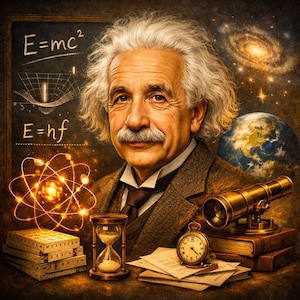 Może przedstawiać: Portret Alberta Einsteina z tablicą z równaniami fizycznymi. Obraz zawiera złoty model atomu, teleskop, zegarek kieszonkowy, klepsydrę oraz przedstawienie Ziemi i galaktyki. Ogólnym tematem jest nauka i edukacja.