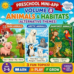 以下が含まれることがあります： 「Preschool Mini-App Volume 8 Animals & Habitats」のテキストが入った、未就学児向けのカラフルな教育用グラフィック。農場、北極、熱帯雨林の動物が描かれており、「3 Fun Topics!」と「Ages 3-6」の文字も含まれています。