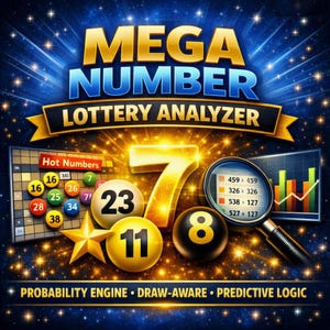 May include: A digital graphic titled MEGA NUMBER LOTTERY ANALYZER featuring a large gold number 7, yellow lottery balls with numbers 11, 23, and 8, a grid labeled Hot Numbers, a magnifying glass over data, and text: PROBABILITY ENGINE • DRAW-AWARE • PREDICTIVE LOGIC.