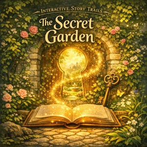 Op de afbeelding: Een open boek met gloeiende pagina's voor een sleutelgatvormige deuropening, met de tekst "The Secret Garden". Een gouden sleutel en sprankelende lichtsporen leiden naar een tuinscène. Roze rozen en groen omlijsten de scène.
