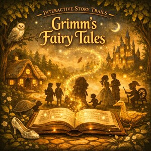 May include: An illustrated book cover for "Grimm's Fairy Tales" with a whimsical design. The image features a storybook with glowing pages, a castle, and characters. A glass slipper and a goose are also visible.
