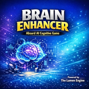 May include: A digital illustration for a game called "Brain Enhancer: Absurd AI Cognitive Game." The image features a glowing blue brain, surrounded by data visualizations and the text "Brain Enhancer" in bold letters.