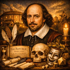 Może przedstawiać: Artystyczne przedstawienie Williama Szekspira, z portretem, czaszką, maskami teatralnymi i zwojem. Tło obejmuje Teatr Globe, świecę i inne elementy literackie. Obraz ma ciepłą, vintage estetykę.