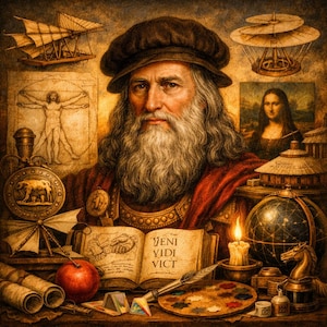 Może przedstawiać: Szczegółowe artystyczne przedstawienie Leonarda da Vinci, z jego portretem, szkicami wynalazków i Mona Lisą. Obraz zawiera książkę z tekstem "VENI VIDI VICT", paletę i zapaloną świecę, przywołując tematy renesansowe.
