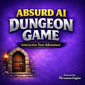 Puede incluir: Imagen digital con el título "ABSURD AI DUNGEON GAME" en letras plateadas sobre fondo morado. Debajo, el texto "Interactive Text Adventure". Un arco de piedra con una puerta de madera es visible.