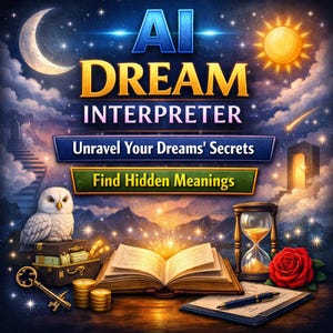 May include: An illustrated image with the text "AI DREAM INTERPRETER" against a starry night sky. Features include a crescent moon, sun, owl, open book, hourglass, rose, and coins, suggesting a theme of dream analysis and hidden meanings.