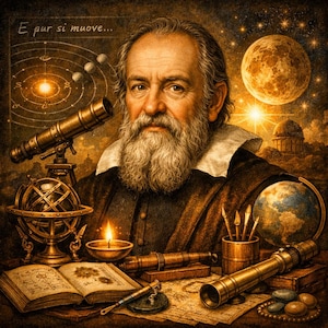 Może przedstawiać: Ilustracja w stylu vintage przedstawiająca Galileusza, z portretem astronoma i tekstem "E pur si muove...". Obraz zawiera teleskopy, globusy i obiekty niebieskie. Paleta kolorów zdominowana jest przez ciepłe brązy i złoto.