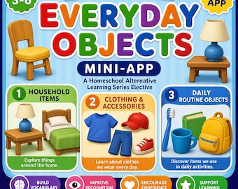 Mini‑app alledaagse voorwerpen | Kleding Dagelijkse huishoudelijke artikelen | Voorschools leren | Digitale download