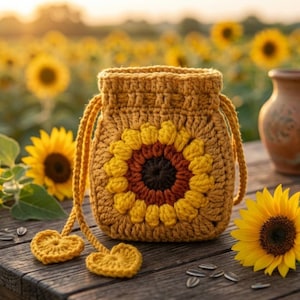 May include: A mustard yellow crochet drawstring pouch featuring a central sunflower motif with a dark brown center and golden yellow petals. The bag has two long braided cords ending in small heart-shaped crochet accents at the bottom ends.