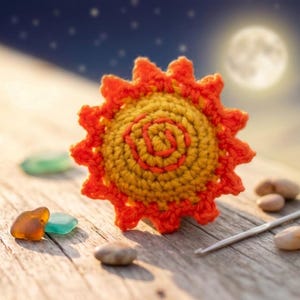May include: A round, crocheted sun ornament featuring a textured yellow center with orange spiral detailing and a vibrant orange outer edge with pointed rays. The piece is crafted from yarn and displays a circular, sun-like shape with distinct stitching.