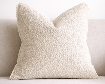 Cream Boucle Fringed Cushion Cover | Textured Neutral Throw Pillow, Minimalist Sofa Decor