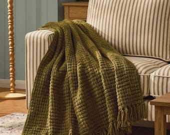 Olive Green & White Chunky Chenille Throw Blanket, Soft Tassel Sofa Throw, Cosy Bed Runner, Textured Couch Blanket, Luxury Home Decor Gift