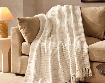 Sage White & Olive Chenille Throw Blanket, Chunky Textured Sofa Blanket, Soft Tassel Bed Throw, Cosy Couch Cover, Neutral Green Home Decor